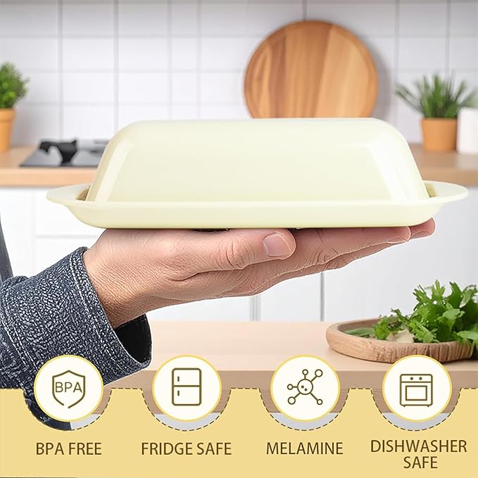 Butter Dish with Lid and Knife, Durable Countertop & Fridge Butter Keeper, BPA-Free Melamine Butter Container, Dishwasher Safe, Fits East/West Coast Butter Sticks (Cream)