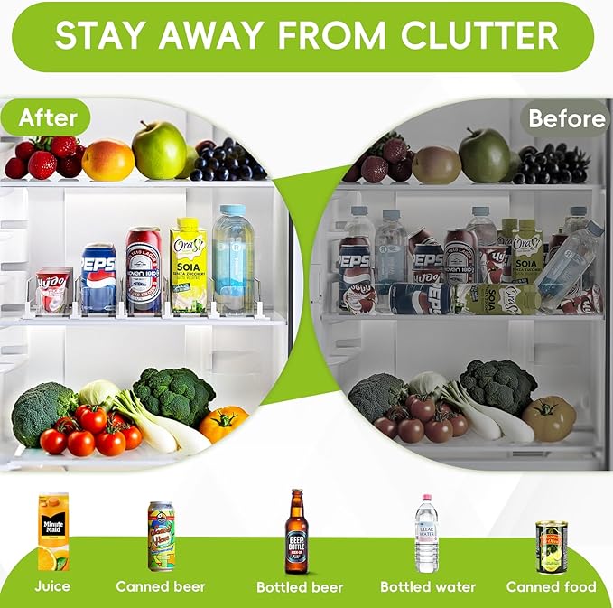 Soda Can Dispenser for Refrigerator,Self-Pushing Drink Organizer for Fridge, Width Adjustable Fridge Organization, Beer Pop Can Water Bottle Drink Dispenser for Fridge (15.1"D) White (White, 6 Row)