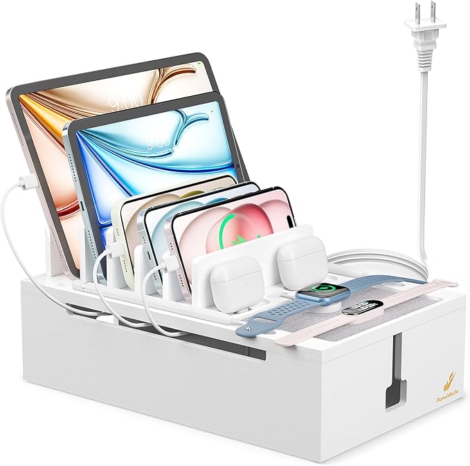 Pezin & Hulin Bamboo Charging Station for Multiple Devices, USB Charger Dock Organizer, with Power Supply (10 Ports HUB), 6 Cables, Cable Management Organizer for Cell Phones, Tablets -White