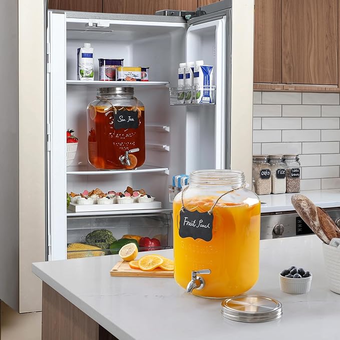 2 Gallon Glass Beverage Dispenser, 18/8 Stainless Steel Spigot and Lid - Glass Drink Dispensers for Parties - Mason Jar Drink Dispensers with Lids - Laundry Detergent Holder