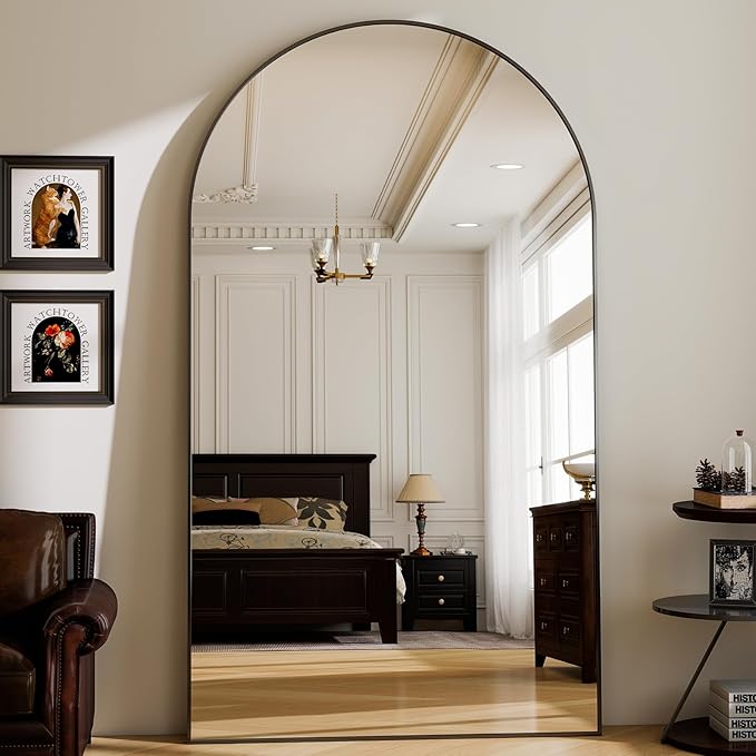 GLSLAND 72" x 44" Arched Full Length Mirror - Oversized Aluminum Alloy Frame Full Body Floor Mirrors with Stand Wall Mounted for Bedroom/Living Room, Black