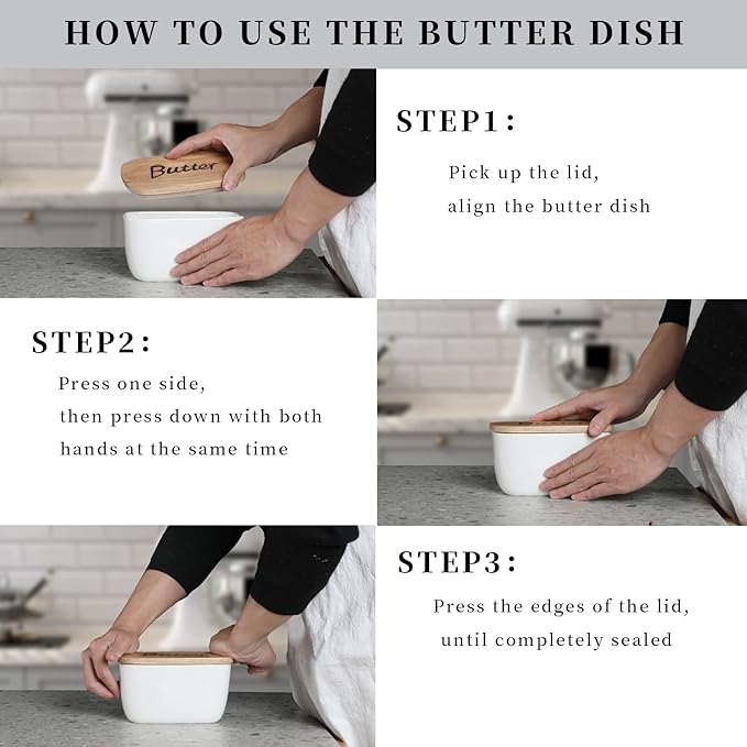 GDCZ Ceramics Butter Dish with Wooden Lid- Large Covered Butter Holder for Countertop, Butter Keeper Container Perfect for Holds 4X 4oz West/East Coast Butter, White