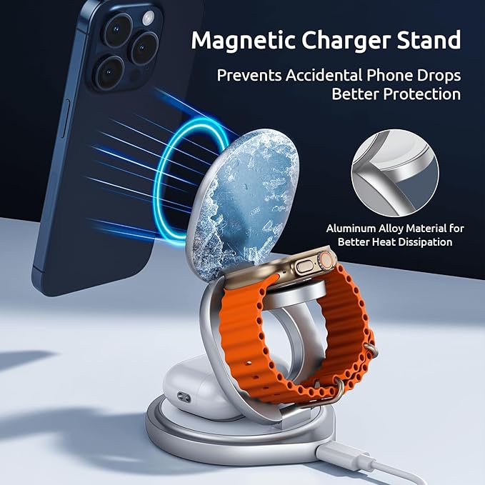 3 in 1 Charging Station for Apple Magsafe Travel Charger for Multiple Devices Aluminum Foldable Magnetic Wireless Charger with 360 Rotating for iPhone 17/16/15/14/13/12 Series,for iWatch,for Airpods