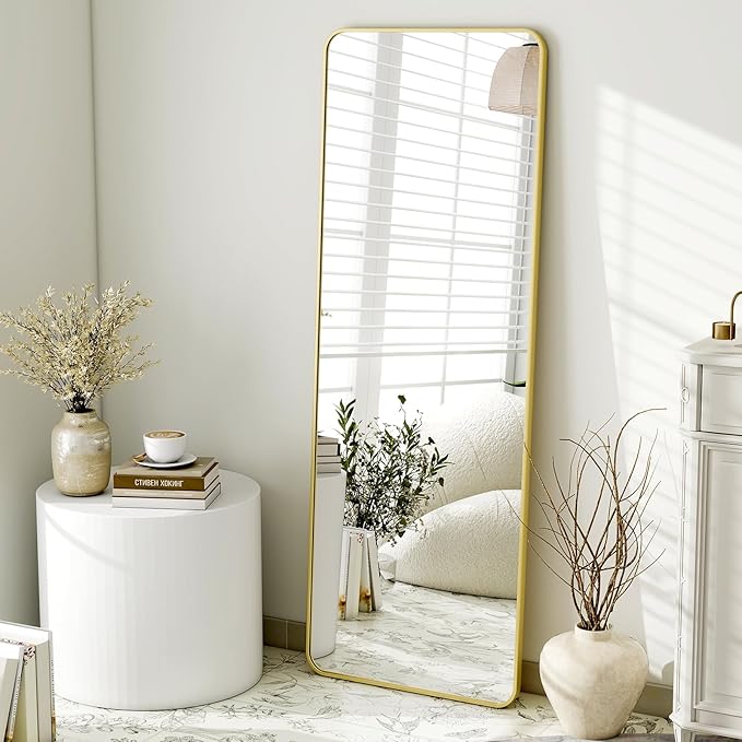 HARRITPURE 56" x 21" Rounded Full Length Mirror Aluminum Frame Gold Mirror Full Length Floor Mirror with Stand for Living Room Bedroom Cloakroom