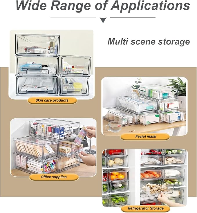 Stackable storage drawers, clear pull-out organizer with handles and non-slip pads for kitchen, refrigerator,office desktop, pantry and shelves, perfect for organization and storage (2 Pack, Medium)