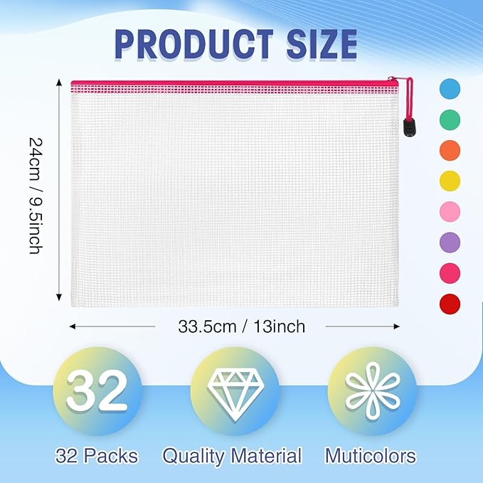 Jetec 32 Pcs Mesh Zipper Bags Toy Storage Bikini Organizer Bag Bolsas Para Guardar Trajes De Baño Waterproof Zipper Reusable Pouch Puzzle Multipurpose for Storage Office(Stylish Color,13 x 9.5 Inch)