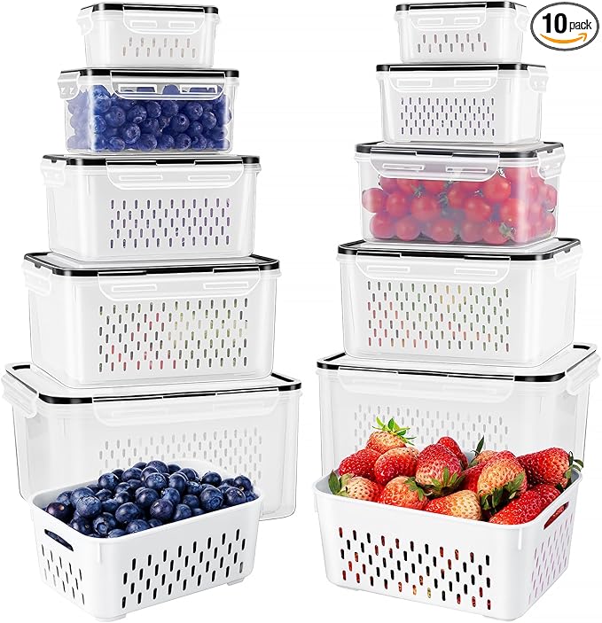 Freshmage Fruit Storage Containers for Fridge with Removable Colander, Airtight Food Storage Container, Dishwasher Safe Produce Saver for Refrigerator, Keep Berry Fruit Fresh Longer 10 pcs Large Clear