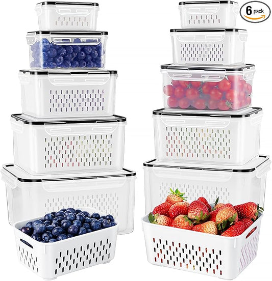 Freshmage Fruit Storage Containers for Fridge with Removable Colander, Airtight Food Storage Container, Dishwasher Safe Produce Saver for Refrigerator, Keep Berry Fruit Fresh Longer 6 pcs Large Clear