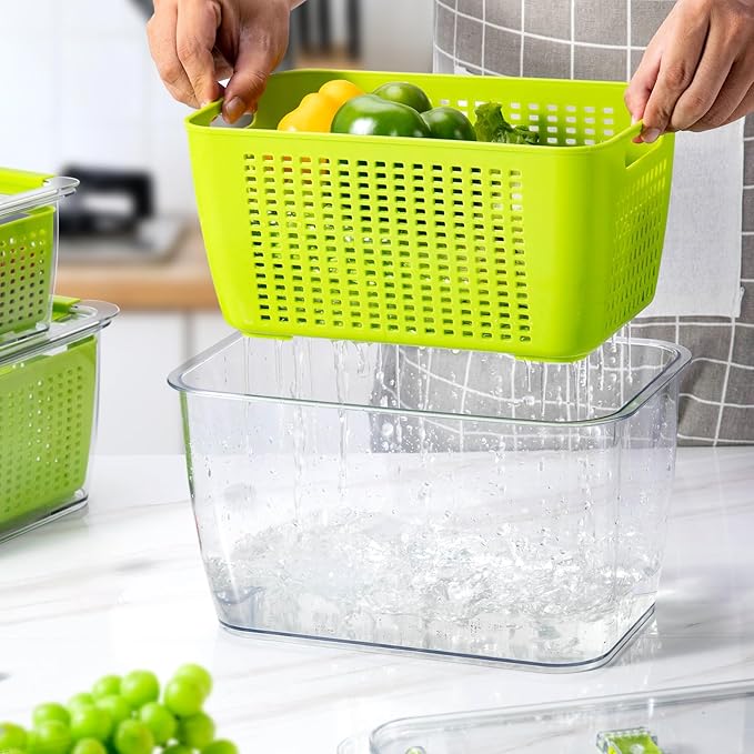 LUXEAR Fresh Container, 3PACK Produce Saver Container BPA Free Fridge Organizer for Vegetable Fruit and Salad Partitioned Food Storage Container with Vents Stay Fresh Containers Not Dishwashers Safe