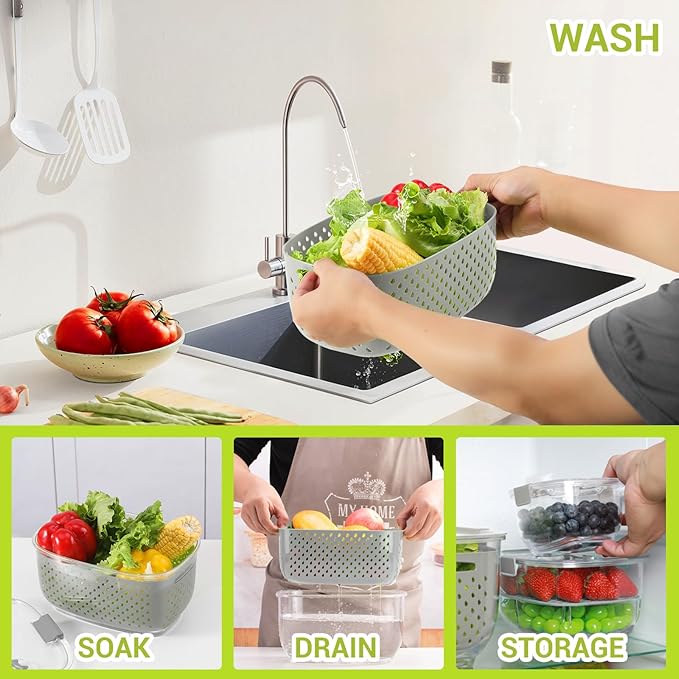 LUXEAR Fresh Produce Vegetable Fruit Storage Containers 3Piece Set, BPA-free Fridge Storage Container, Partitioned Salad Container, Fridge Organizers, Used in Storing Fruits Vegetables, Gray