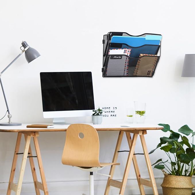 EASEPRES 3 Pocket Mesh Hanging Wall File Organizer with Hangers & Nametag Label, Wall Mounted Mail Paper Document Folder Holder, Clipboard Storage Organization Magazine Rack for Office Cubicle, Black