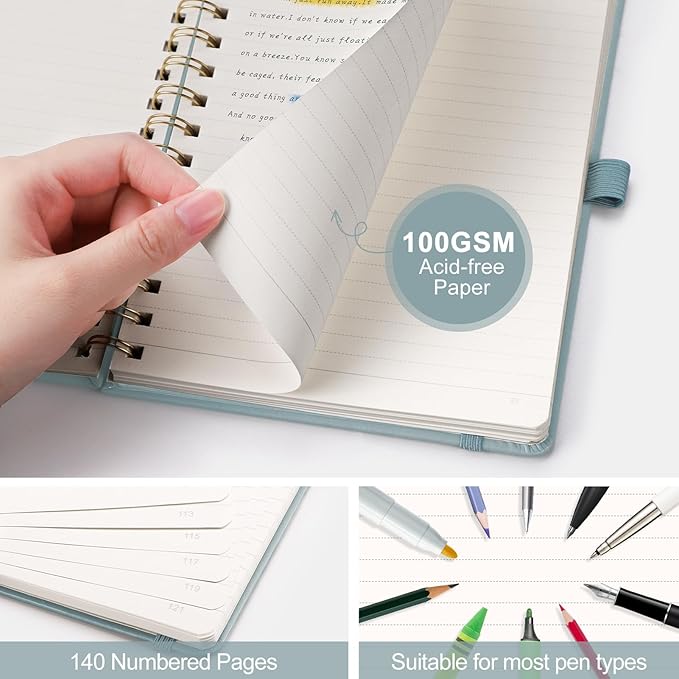 AHGXG Lined Spiral journaling notebooks With Numbered Pages, Hardcover Leather College Ruled Notebook 5.7" x 8.3" A5, light ivory Paper, Notebooks for School Work, Journals for Women,GrayBlue