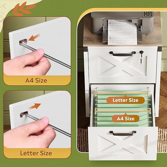 DEVAISE 2 Drawer File Cabinet with Lock, Wood Farmhouse Filing Cabinet for Home Office, Printer Stand Fits Letter and A4 Size, White