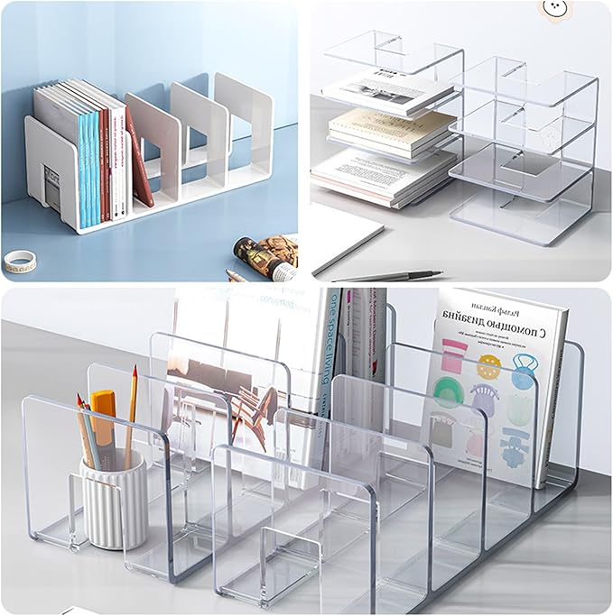 2PCS Acrylic File Organizer for Desk, Desktop Document/Mail Organizer, 4 Compartments Plastics Invisible Bookshelf Floating (12.5" x 5.7" x 5", Clear)