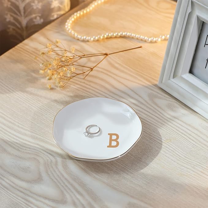Initials Ring Dish Jewery Tray with Personalized B-Monogrammed Gifts Wedding Engagement for Women Friends sister,Ceramic White