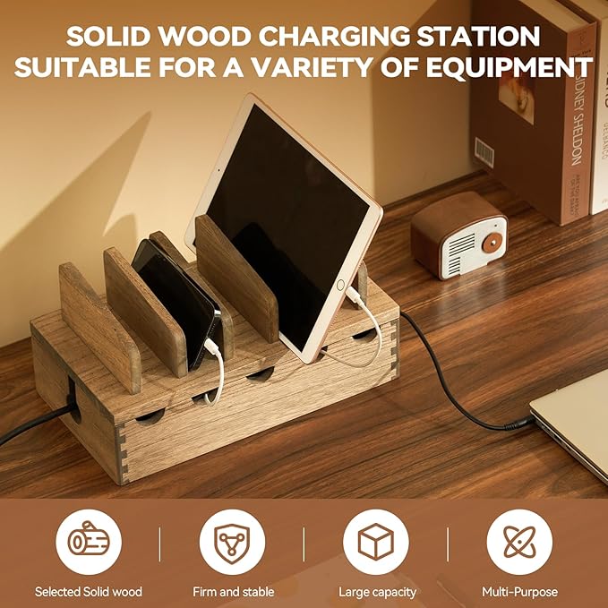 KIRIGEN Wood Charging Station Rack Organizer for Multiple Devices Desktop Organizer with 5 Ports for Cell Phones, Tablets, Earphones Wooden Cable Management DDXH-DBR
