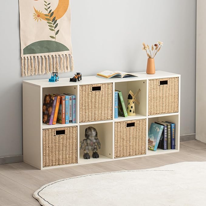 Handwoven Paper Woven Cube Basket Organizer with Handles set of 4 Foldable Storage baskets for Bedroom Living Room Cubby Storage Units for Clothes Books Toys (Natural, 13" L x 13" W x 13" H)