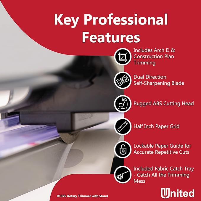 United Office Products RT37S Commercial Rotary Paper Trimmer with Stand and Fabric Catch Tray, Sturdy Metal Base, 38" Cut Length, 10 Sheet Capacity, Paper Cutter for Offices, Schools and Crafts