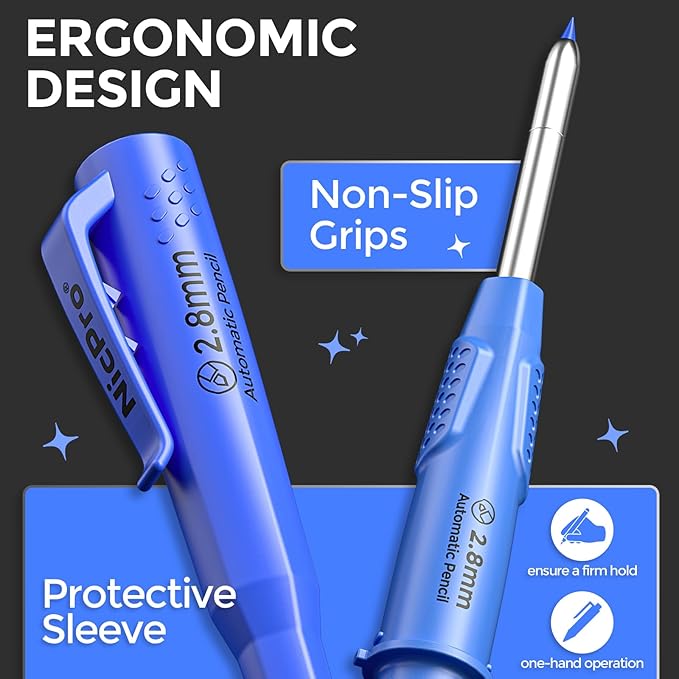 Nicpro 5 Pack CP3000 Carpenter Pencil with Sharpener, Mechanical Pencils Set with 59 Refills, Heavy Duty Construction Pencil, Carpenter Tools for Architect Marking (Red, Black, Orange, Green, Blue)