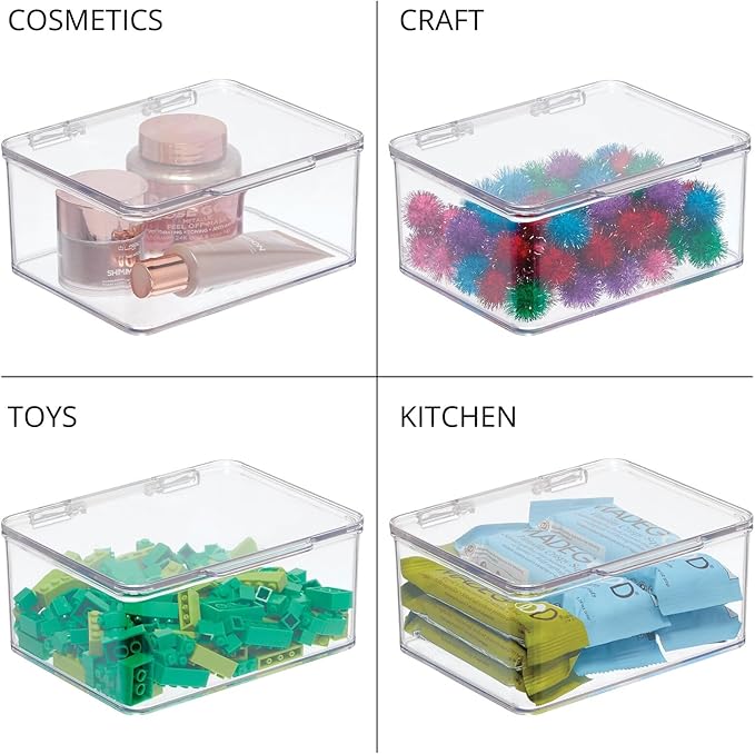 mDesign Plastic Playroom/Gaming Storage Organizer Box Containers, Hinged Lid for Shelves or Cubby, Holds Small Toys, Building Blocks, Puzzles, Markers, Lumiere Collection, Clear