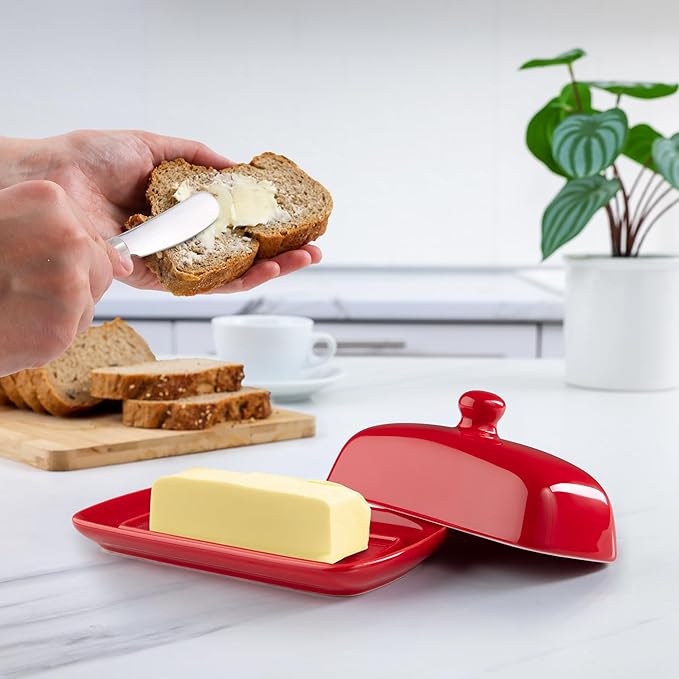 Zulay Kitchen Butter Dish With Lid For Countertop - Porcelain White, Ceramic Butter Dish with Knob Handle Great for Cooking - Elegant Design Butter Holder - Durable & Sturdy Butter Keeper - Red