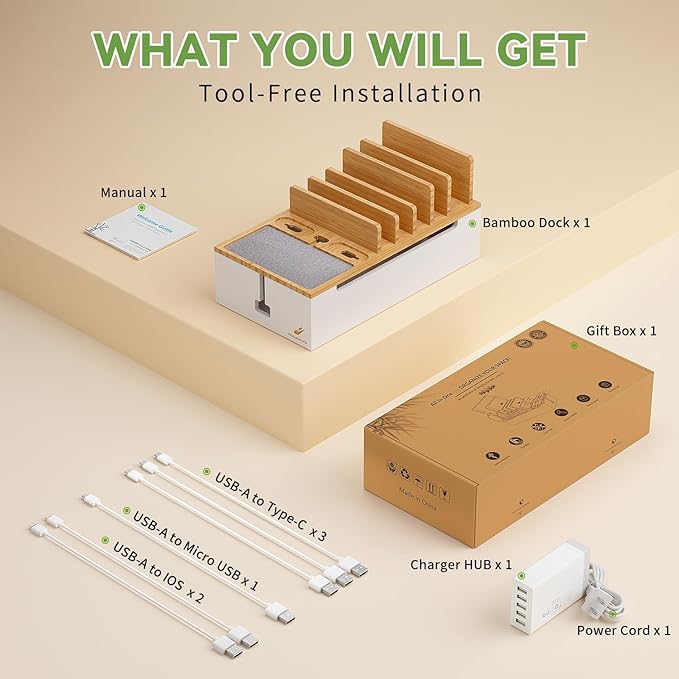Pezin&Hulin Multi Devices Charging Station, With USB Adapter and 6 Cables, Cord Organizer for Desk, Cell Phone Charger Dock to Management Cables and Power Strip, Desktop Cord Hider Box -Natural +White