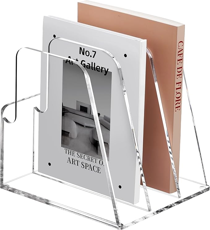SANRUI Desk Organizer Clear Acrylic Desk Magazine File Holder with 3 Vertical Sections Magazine Rack File Organizer for Office, Home, School