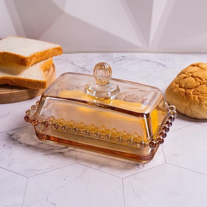Glass Butter Dish with Lid for Countertop, Champagne Color Crystal Covered Butter Stick Holder Tray, Glass Butter Storage Container for Refrigerator