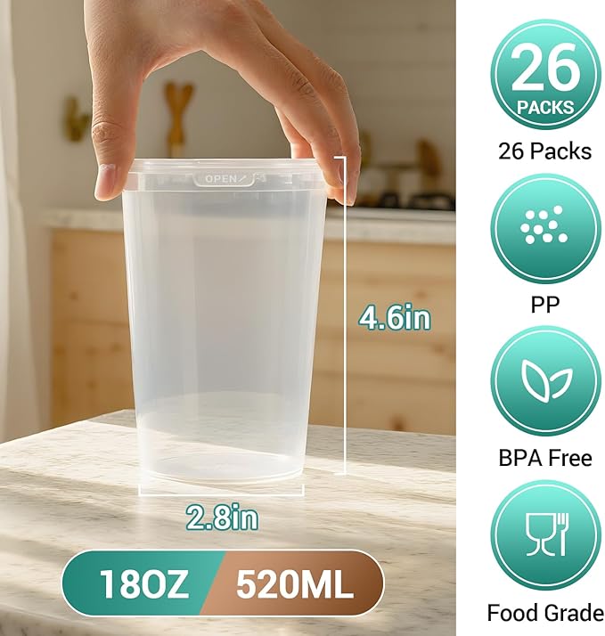 Food Storage Containers, 26 Pack 18 oz Freezer Storage Containers with Lids, Leakproof, BPA Free, Microwave & Dishwasher Safe Takeout Container - Ideal for Soup and More