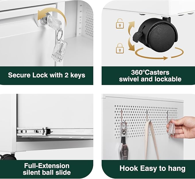 3 Drawer Metal File Cabinet with Lock,Mobile Lateral Filing Cabinet,Printer Stand Storage Cabinets with Shelves for Home Office(White)