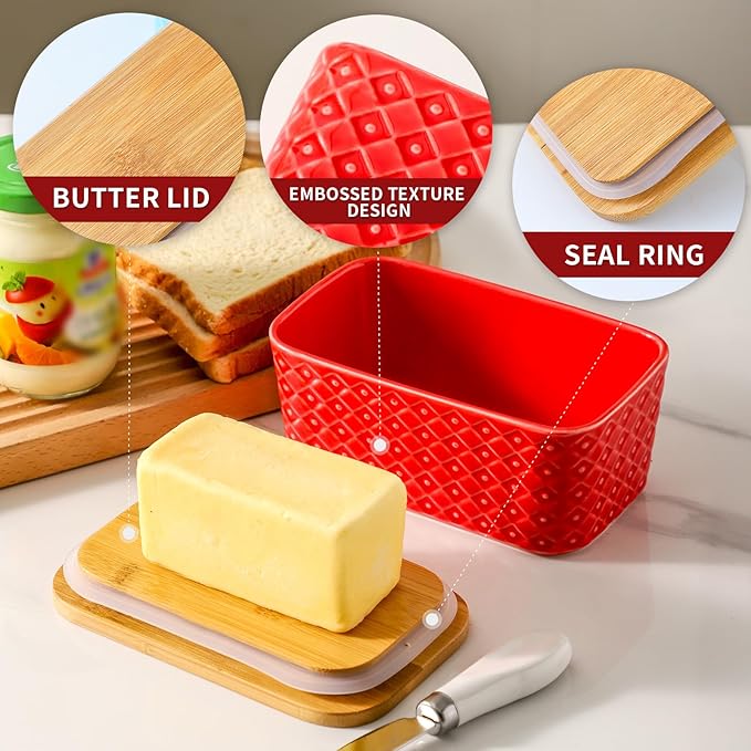 Hasense Ceramic Butter Dish with Lid, Large Butter Holder for Countertop Airtight Butter Stick Covered Keeper, Red Embossed Pattern Design,Holiday Gift