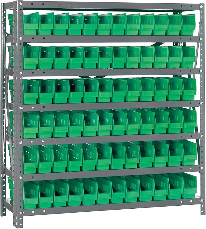 Quantum Storage Systems 1239-100GN Steel Shelving Unit with 4" Shelf Bins, 12" D x 36" W x 39" H, Green