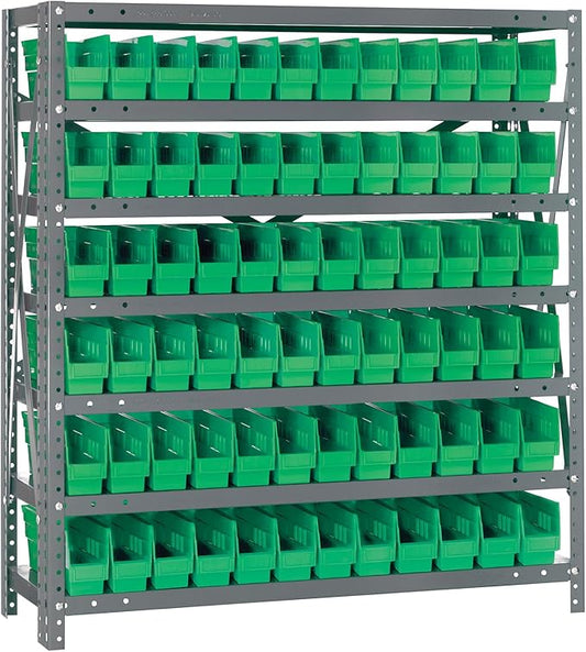 Quantum Storage Systems 1239-100GN Steel Shelving Unit with 4" Shelf Bins, 12" D x 36" W x 39" H, Green