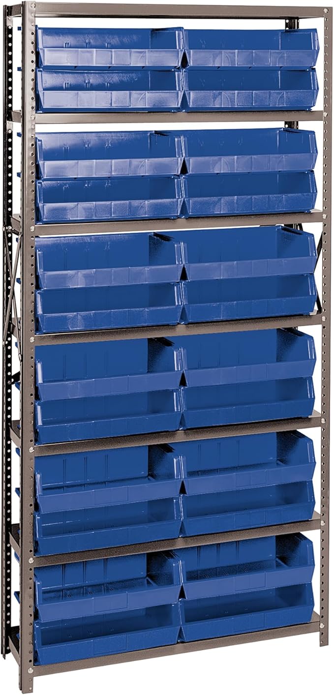 Quantum Storage Systems QSBU-245BL Solid Heavy Duty 7 Shelves 24 Ultra Stack & Hang Blue Bins 75" H x 36" W x 12" D