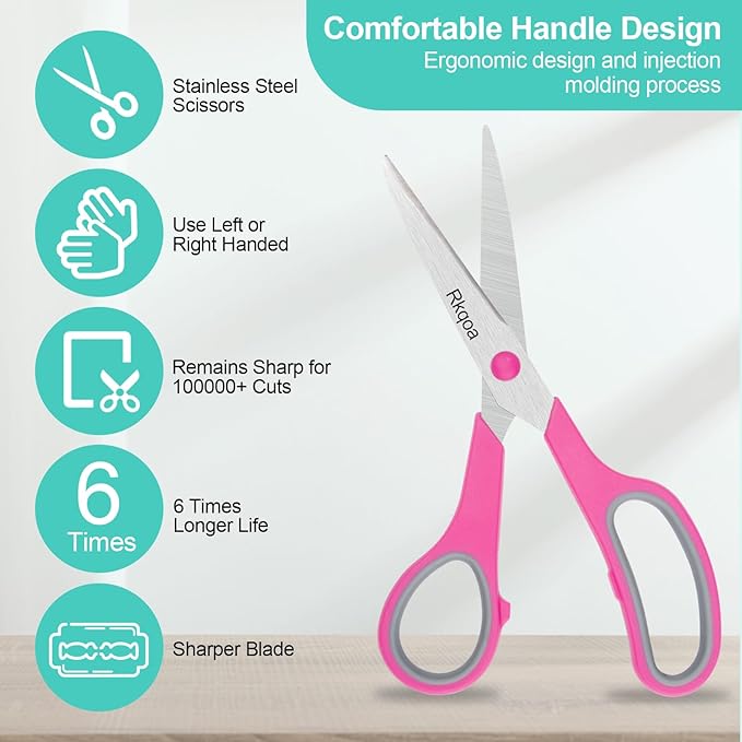 Red Scissors Bulk, Rkqoa 8" All Purpose Scissors Pack of 6- High Performance and Designed for Comfort and Cutting - Sharp to Cut but Soft to Hold. Perfect for Art, Crafts and the Office