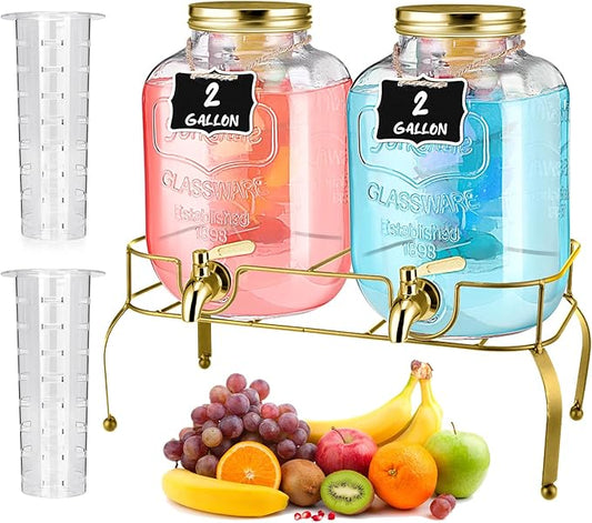 Lallisa 2 Pcs 2 Gallon Glass Drink Dispenser with Stand Ice Cylinder Hanging Chalkboard Signs 18/8 Stainless Steel Spigot Beverage Dispensers for Parties Mason Jar Drink Lemonade (Gold)