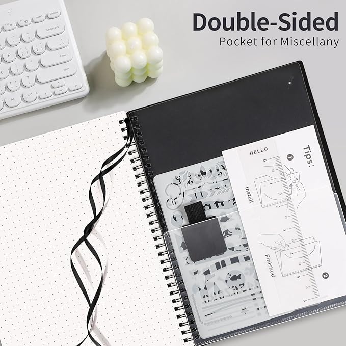 AHGXG Bullet Dotted Journal - Dot Grid Spiral Notebook B5, 140 Pages, 100 GSM Thick Paper, Waterproof Plastic Cover Journals for Bullet Journaling, Sketching, 7.6" x 10", Black