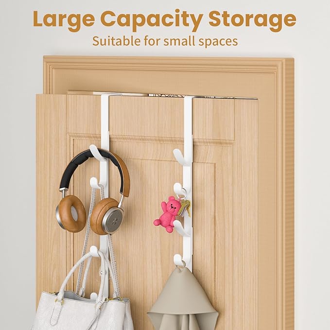Over The Door Hooks, Metal Door Hooks for Hanging, Over The Door Purse Organizer for Door Coat Hanger, Back of Shower for Hanging Towel Rack Clothes, Hat, Bathroom, Closet (White-2Packs)