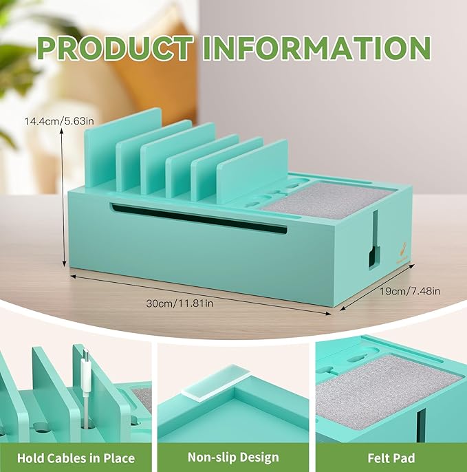 Pezin & Hulin Bamboo Charging Station, Electronic Devices Organizer for Multiple Devices Charger Such As Cell Phone, Tablet, Watch and More, Teal, (No USB Charger and Cables