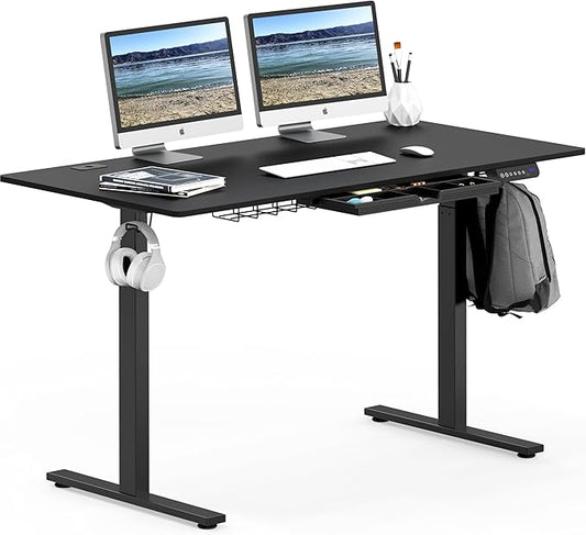 SHW 55 x 28 Inches Electric Height Adjustable Standing Desk with Drawer and Memory Preset, Black