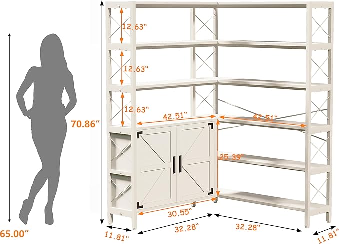 6-Shelf Corner Bookshelf, Vintage Industrial Corner Shelf Etagere Bookcase, Large Book Shelf with Metal Frame Open Storage Corner Cabinet (White-Lockers, Large)