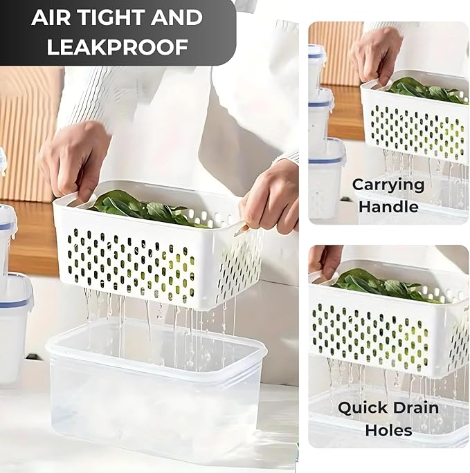 4 PCS Fruit Containers for Fridge, Leakproof fruit storage containers for fridge with Removable Colander