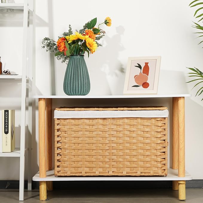 Large Storage Basket with Lids Handmade Woven Storage Basket for Organizing Blanket, 22"*13.4"*13.4"Foldable Storage Bin with Handles, Removable Liner, Basket for Bedroom, Laundry Room, Home(Natural)