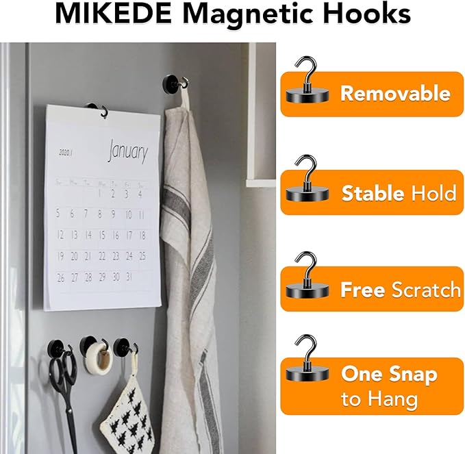 MIKEDE Black Magnetic Hooks Heavy Duty, 170LB+ Strong Neodymium Magnets for Refrigerator, Magnetic Hooks with Epoxy Coating for Hanging, Magnets with Hooks for Cruise, Home, Workplace - 10 Pack
