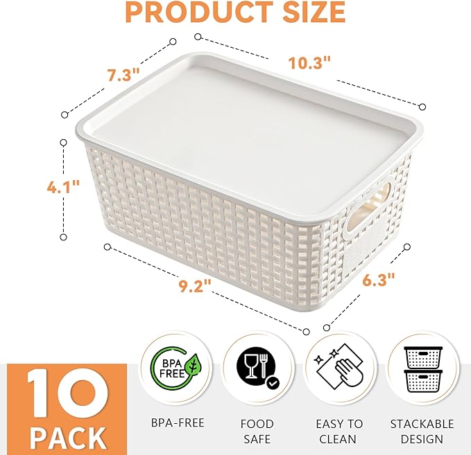 10 Pack Plastic Storage Bins with Lids, Stackable Storage Baskets with Handles, Plastic Organizer Bins with Labels for Desk,Shelves,Office, PlasticContainer Bins for Pantry Organizers and Storage