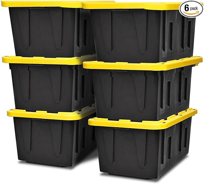 HOMZ 6-Pack Durabilt Tote, Heavy Duty Plastic Storage Bins with Lids, 15 Gallon, Black/Yellow - Stackable Organizing Containers for Home, Garage, and Office