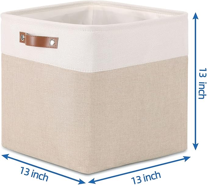 Temary Cube Storage Bins 13x13 Fabric Storage Cubes Baskets Set Of 4 Cloth Baskets for Shelf, Large Bin Empty Basket for Organizing, Shelf Basket (White&Khaki)