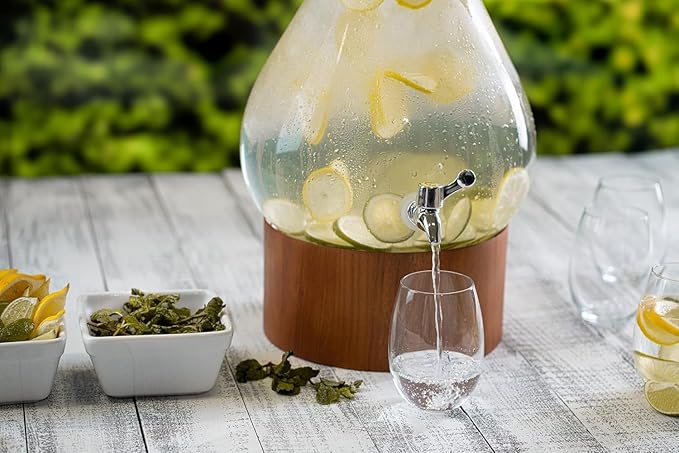 Classic Home Teardrop Clear Glass Ice Cold Beverage Drink Dispenser- 2.75 Gallon, With Cork Lid & Modern Wood Base Leak Proof Spigot- Wide Mouth Easy Filling For Outdoor, Parties & Daily Use