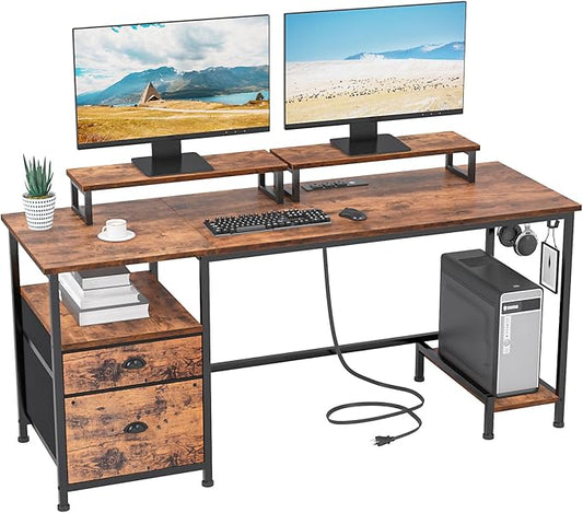 Furologee 55" Computer Desk with File Cabinet and Power Outlets, Home Office Desk with 2 Movable Monitor Stands and Storage Drawer, Writing Table with Shelves and 2 Hooks for Bedroom, Rustic Brown