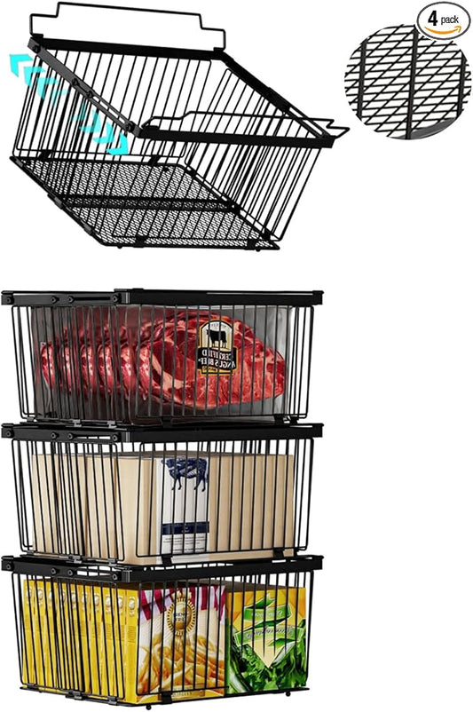 Large Freezer Organizer Bins，Upgraded Bottom Leak-Proof net，Fit 5 to 9 Cu Ft Chest Freezer，4 Pack， Expandable Stackable Chest Freezer Containers with Handle (Black--4Pack)